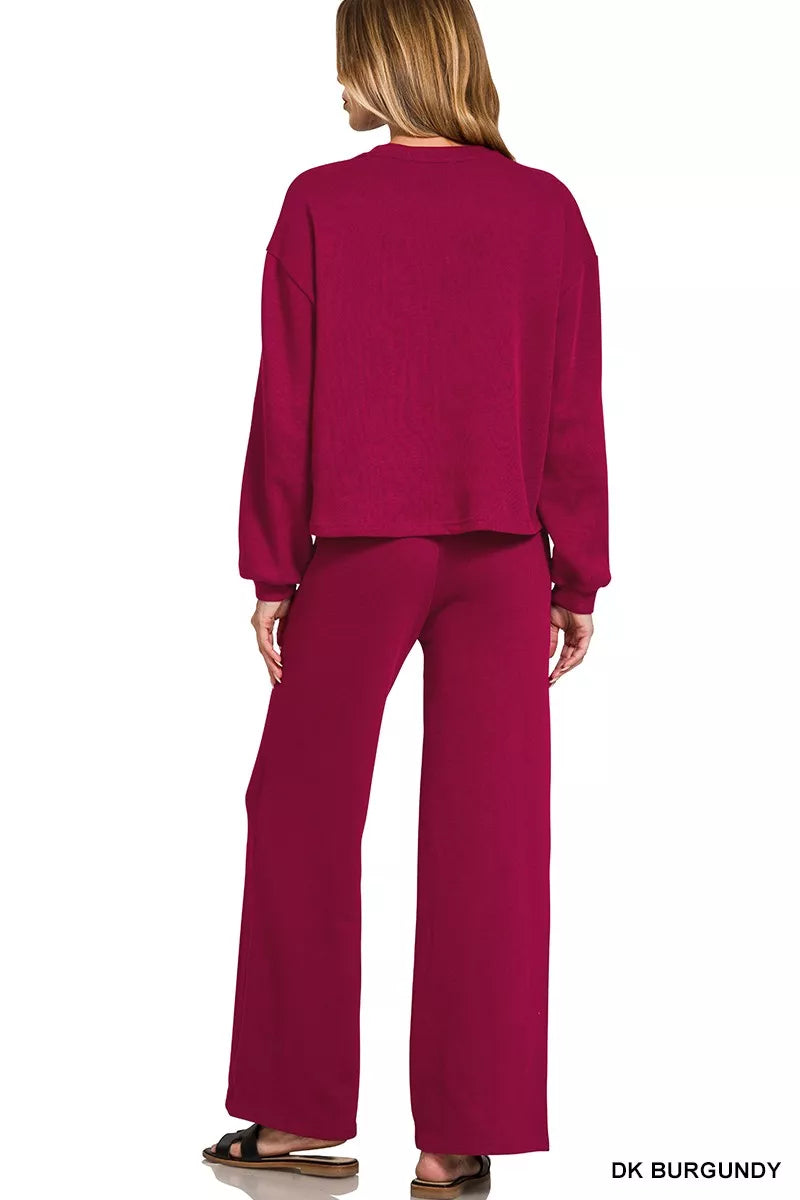 Dk Burgundy Zenana French Rib Pullover And Pants Set 5