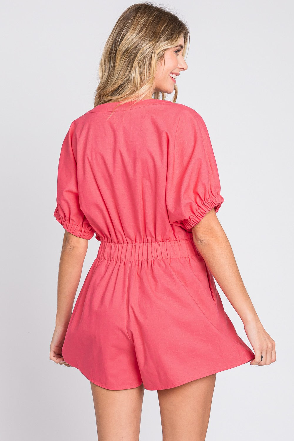 Pink Geegee Half Button V Neck Linen Romper