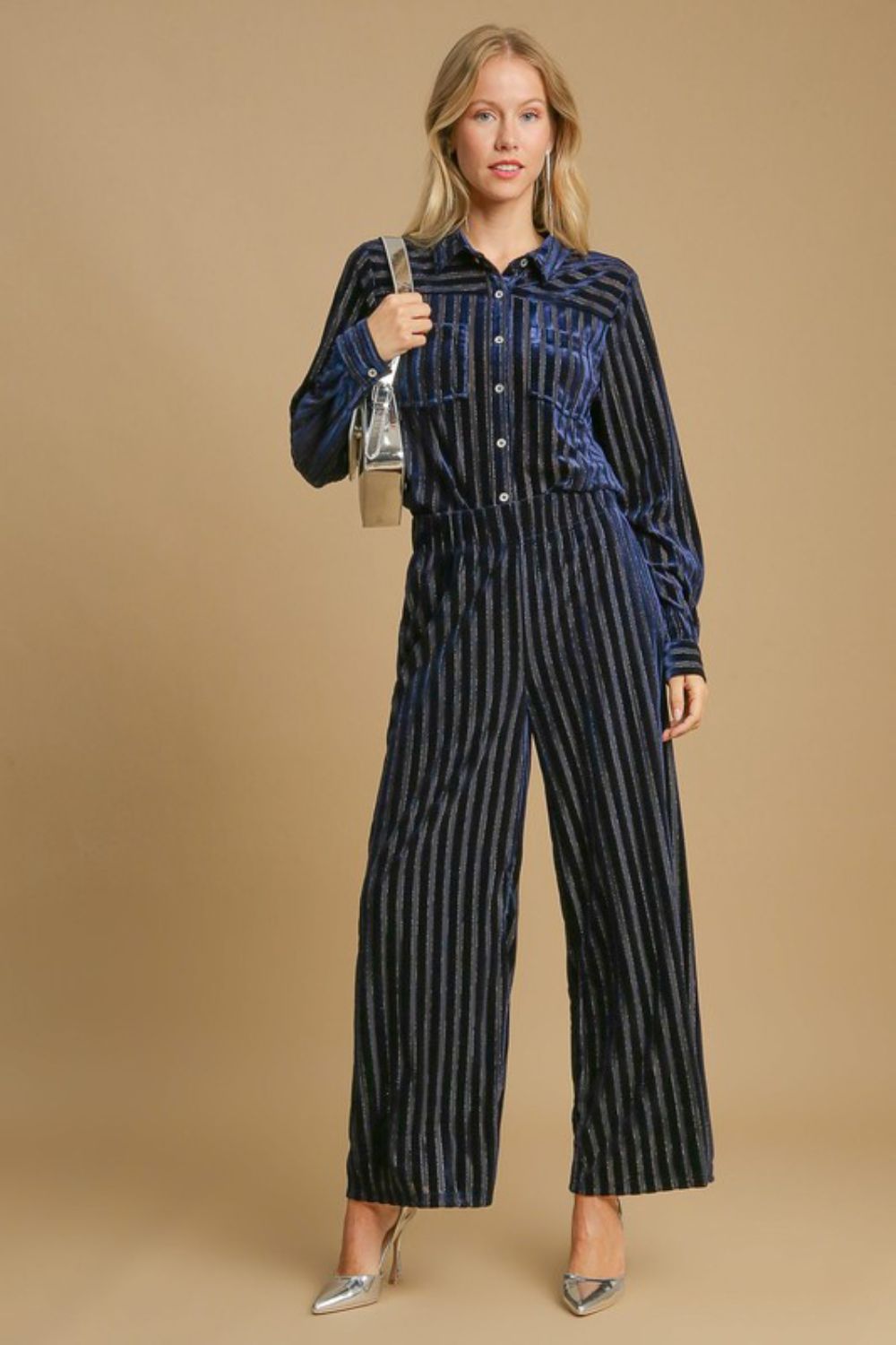 Navy Umgee Full Size Elastic Waist Striped Wide Leg Velvet Pants