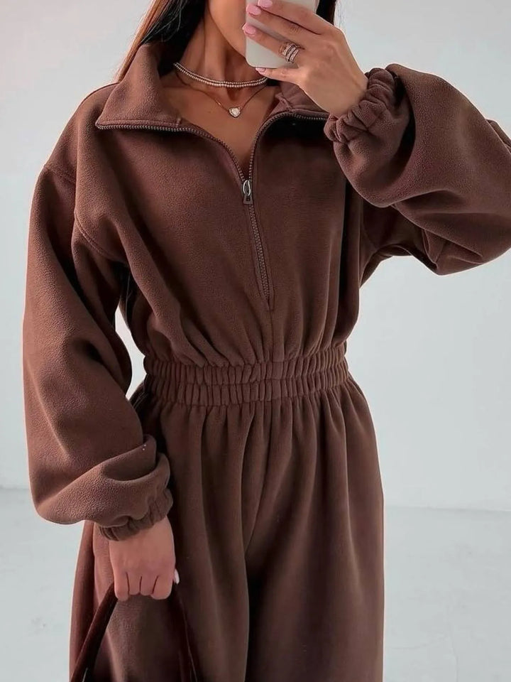 Brown Zip Front Long Sleeve Jumpsuit