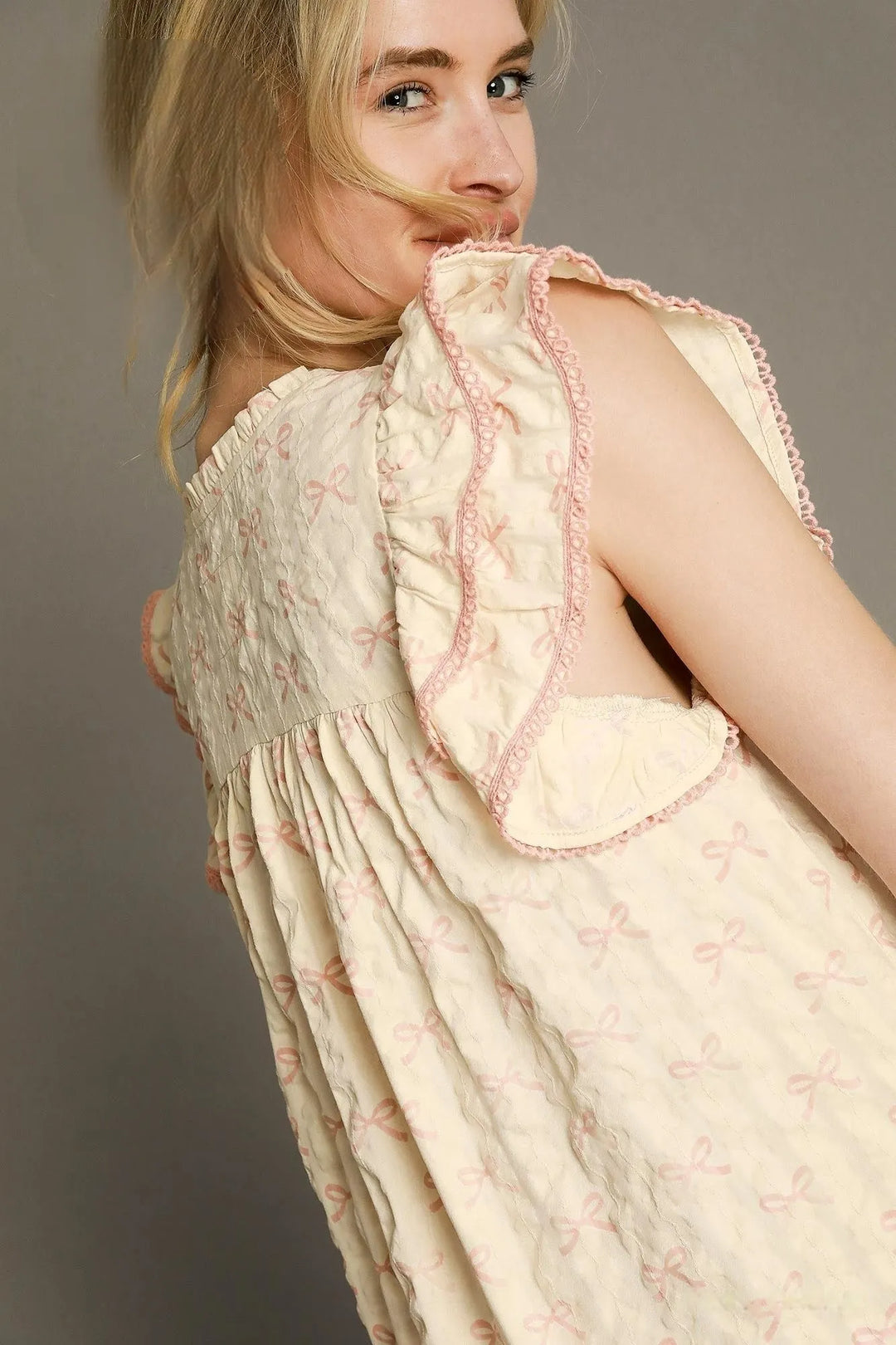 Umgee Bow Print Ruffled Cap Sleeve Mini Dress 1