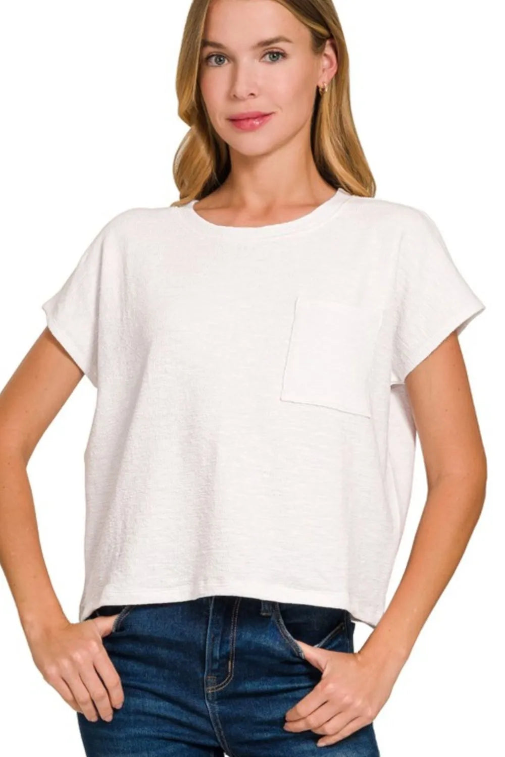 Off White Zenana Round Neck Short Sleeve T Shirt 1
