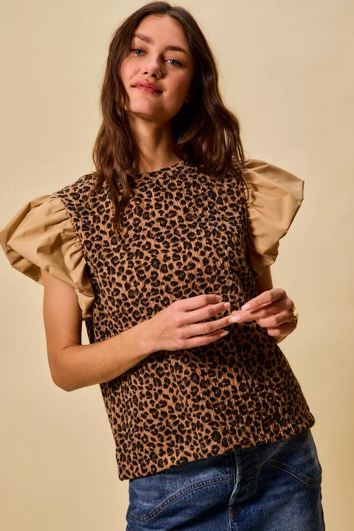 Leopard/Taupe So Me Leopard Pointelle Knit Top With Puff Sleeves