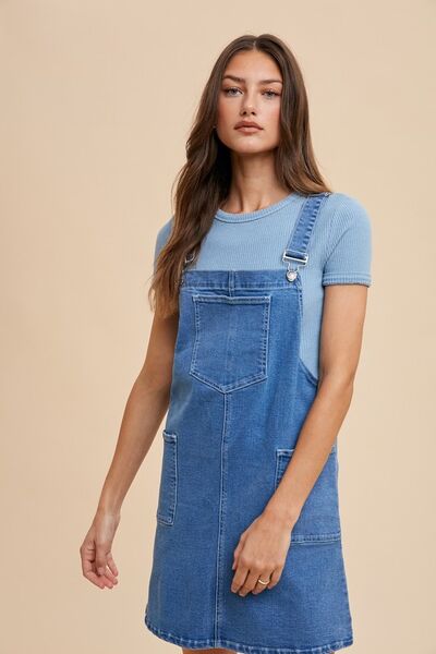 Indigo Washed Denim Annie Wear Wide Strap Denim Overall Dress With Pockets