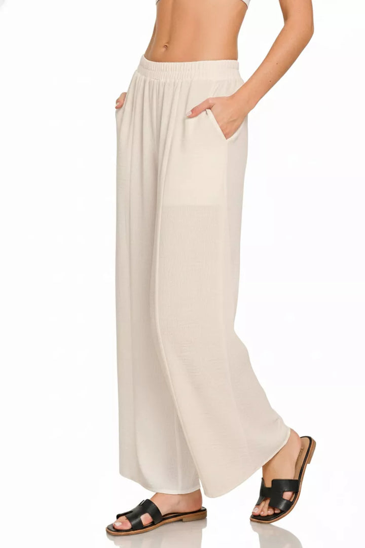 Sand Beige Zenana Woven Airflow Elastic Waistband Pants 6