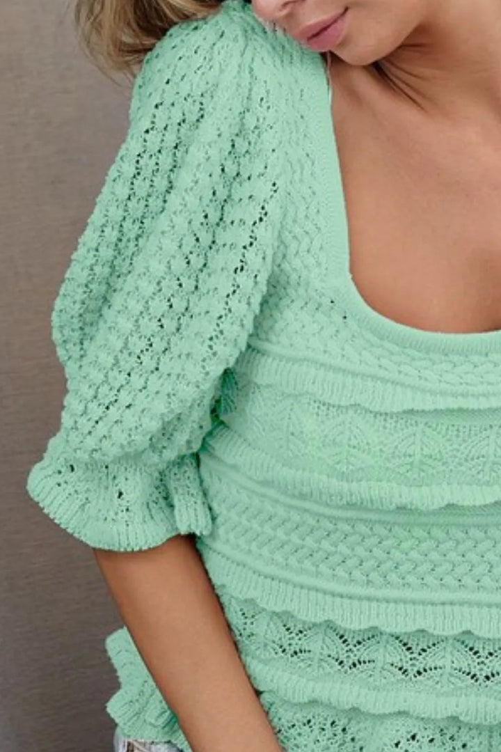 Mint Bibi Square Neckline With Puff Sleeve Crochet Top 1