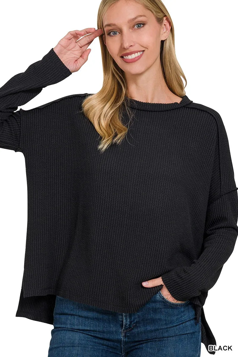 Black Zenana Full Size Exposed Seam Long Sleeve Corded Rib Knit Top Plus Size
