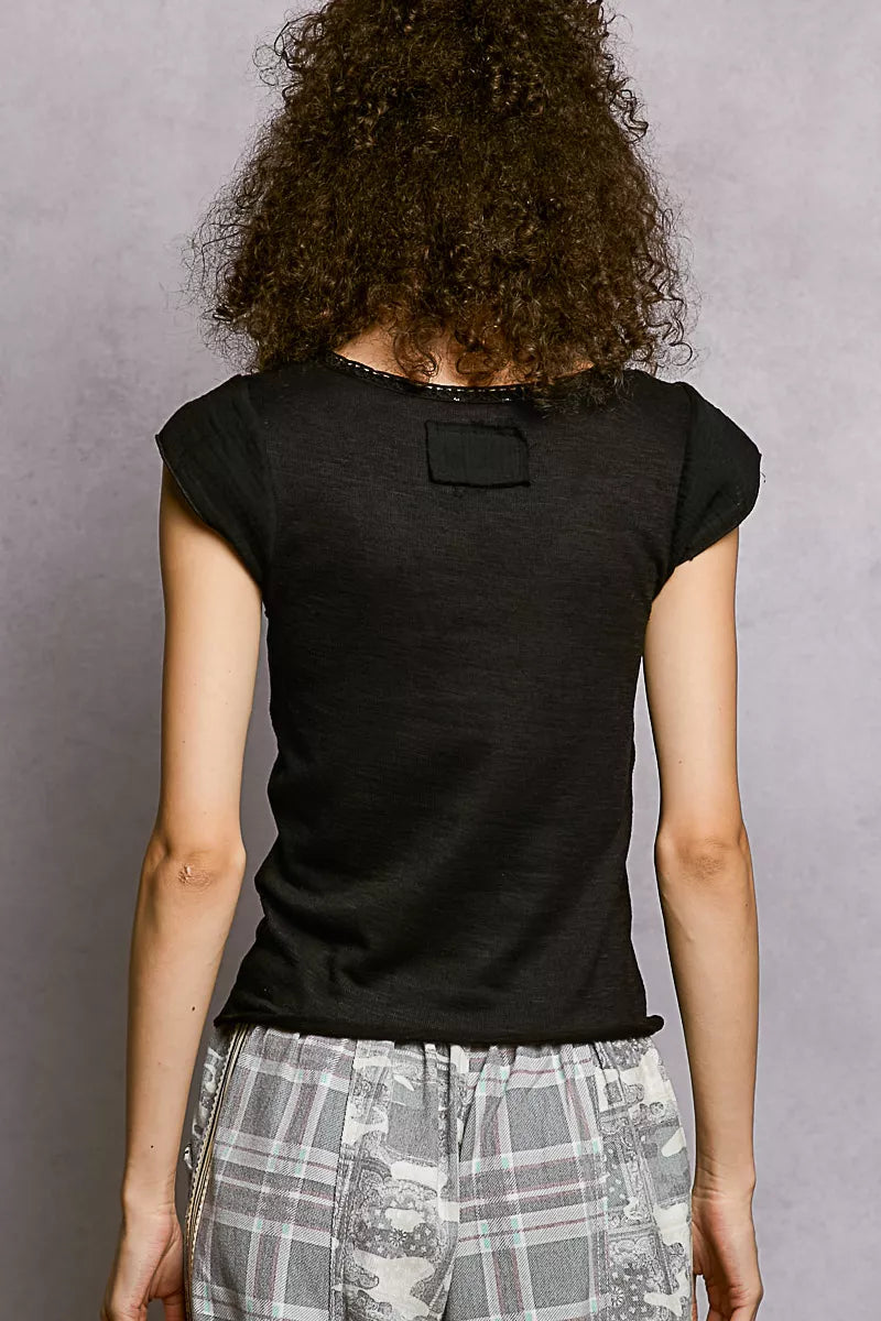 Pol V Neck Lightweight Textured Short Sleeve Knit Top With Lace Trim 2
