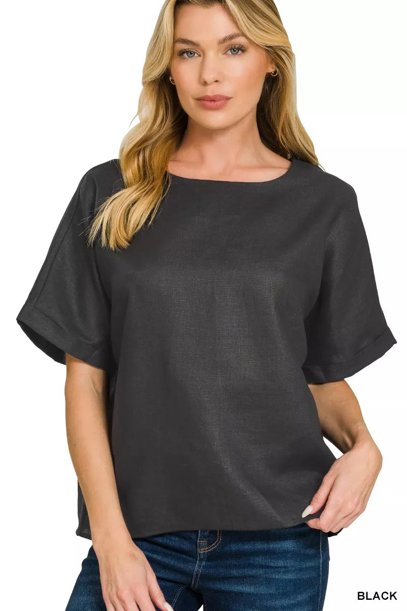 Black Zenana Linen Round Neck Cuffed Sleeve Top 4