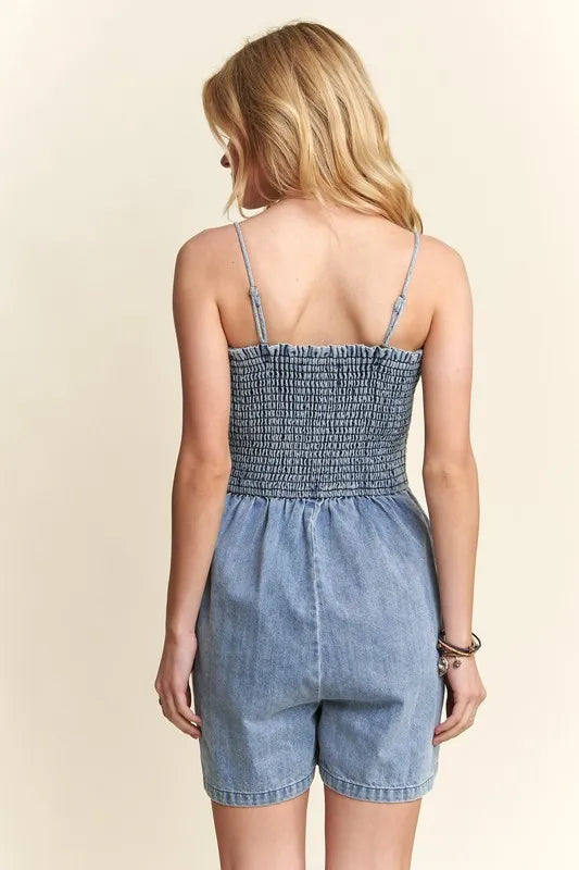 Medium Adora Smocked Spaghetti Strap Denim Romper