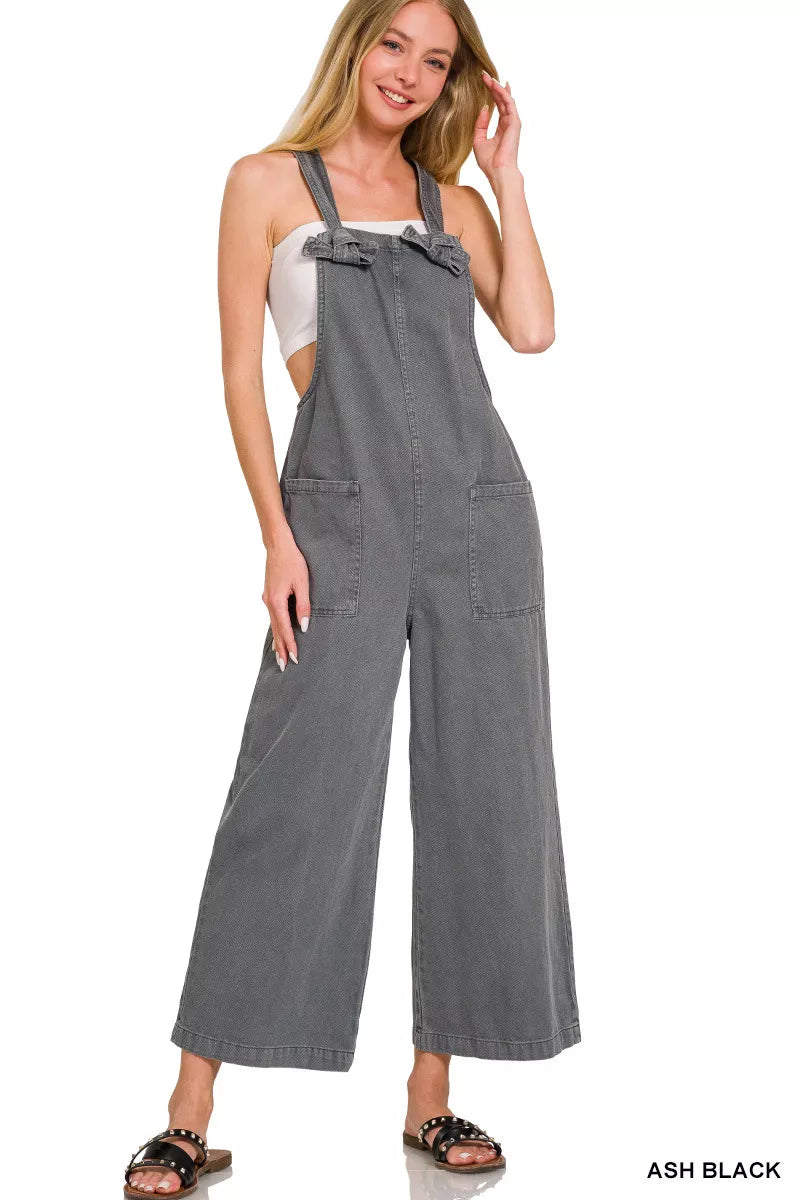 Ash Black Zenana Washed Knot Strap Pockets Jumpsuit