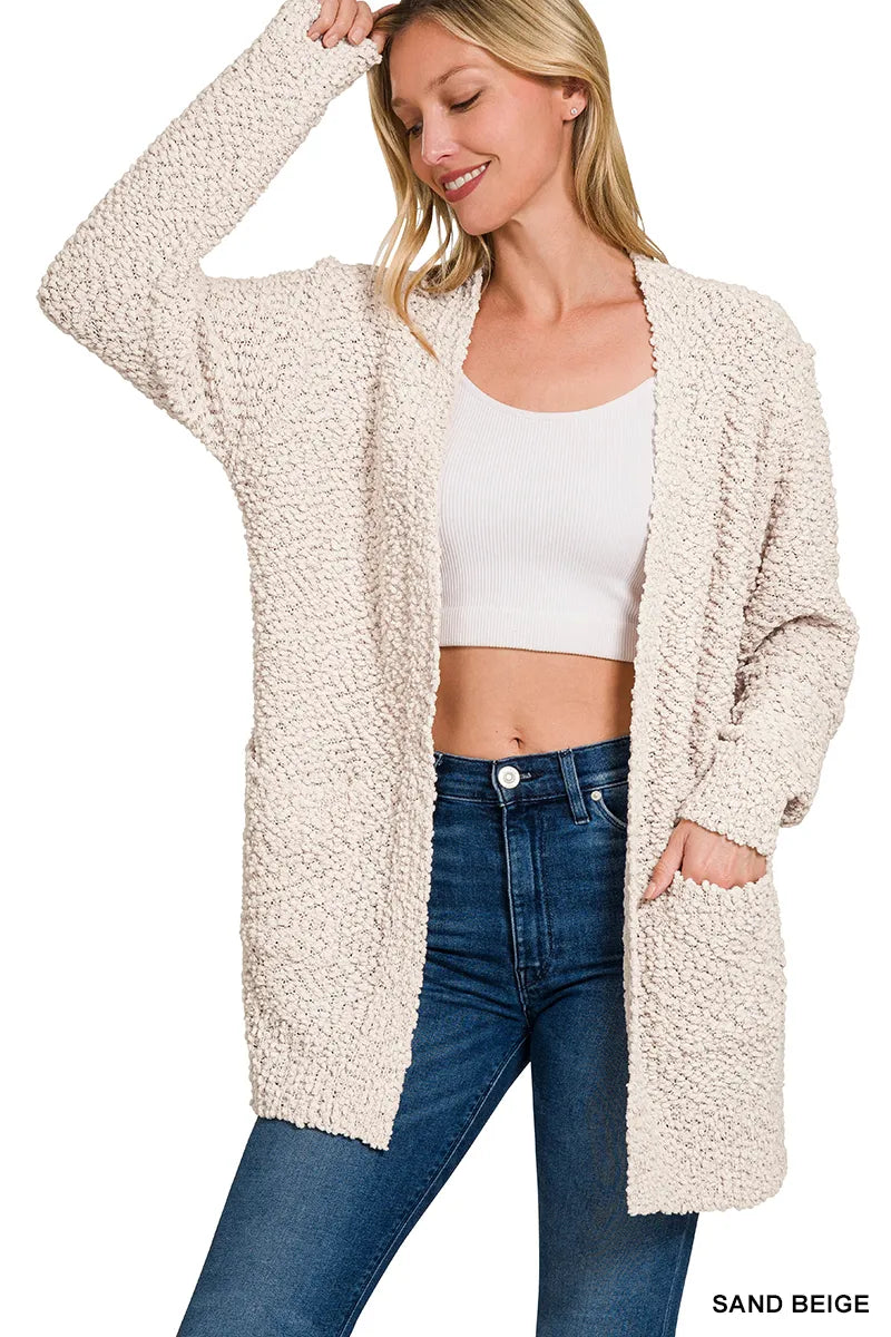Sand Beige Zenana Long Sleeve Popcorn Sweater Cardigan With Pockets 2
