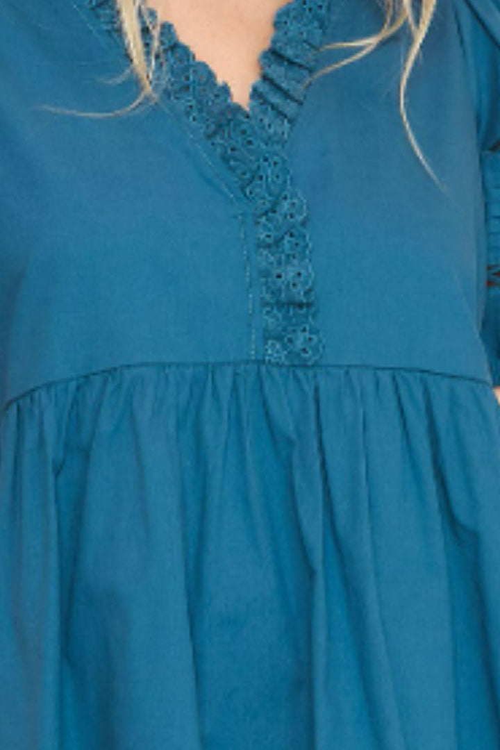 Cerulean Umgee Usa Full Size Lace Detail Puff Sleeve Mini Dress Plus Size