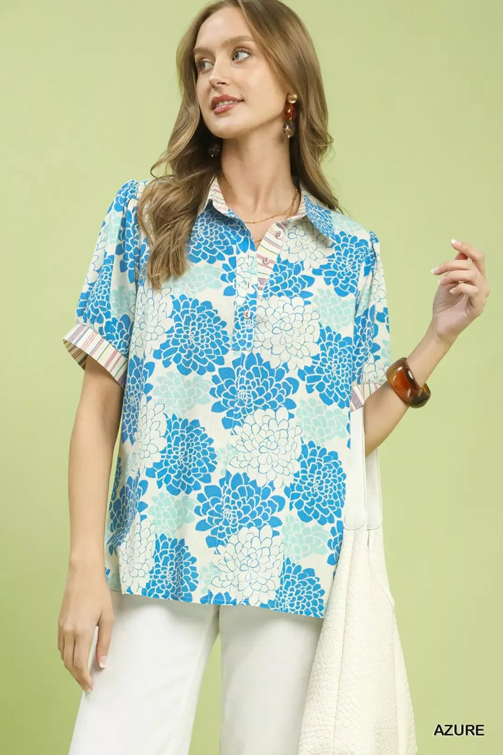 Azure Umgee Floral Collared Short Sleeve Blouse 1