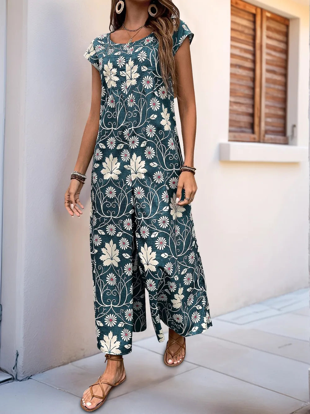 Dark Gray Perfee Printed Round Neck Cap Sleeve Wide Leg Jumpsuit