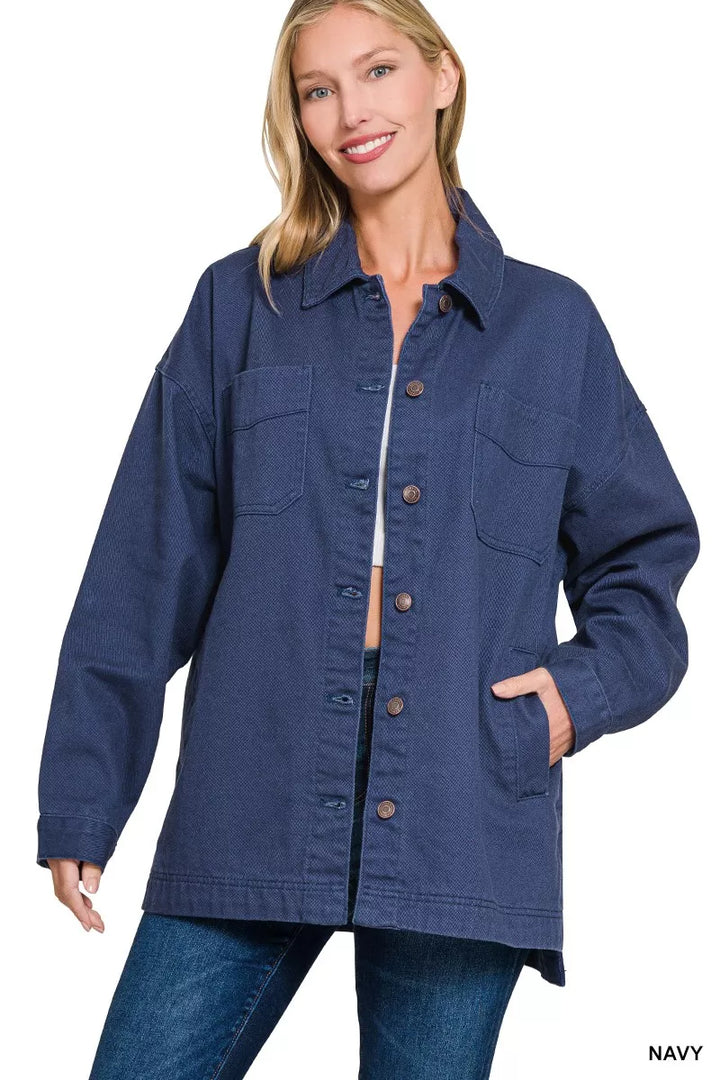 Navy Zenana Oversized Collared Neck Button Front Shackets