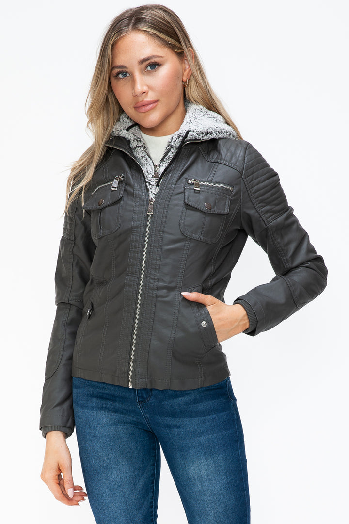 Charcoal Ymi Removable Faux Layered Multi Pocket Jacket With Fuzzy Hood 1