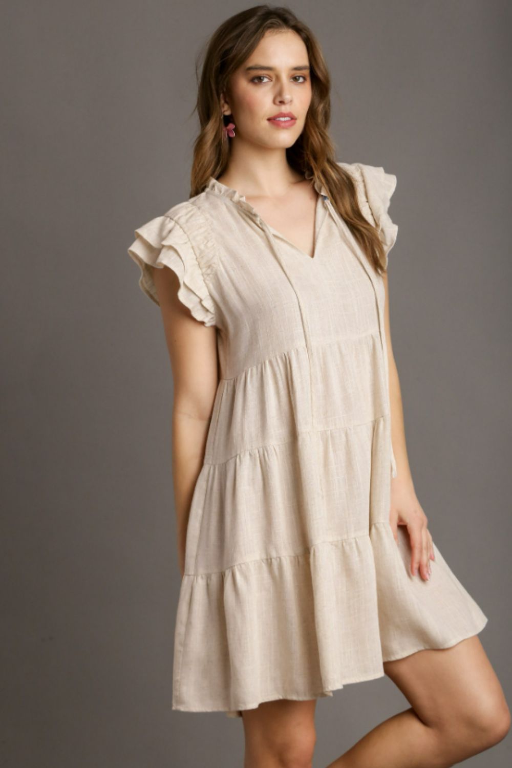 OATMEAL Umgee Full Size Linen A Line Tiered Mini Dress Plus Size