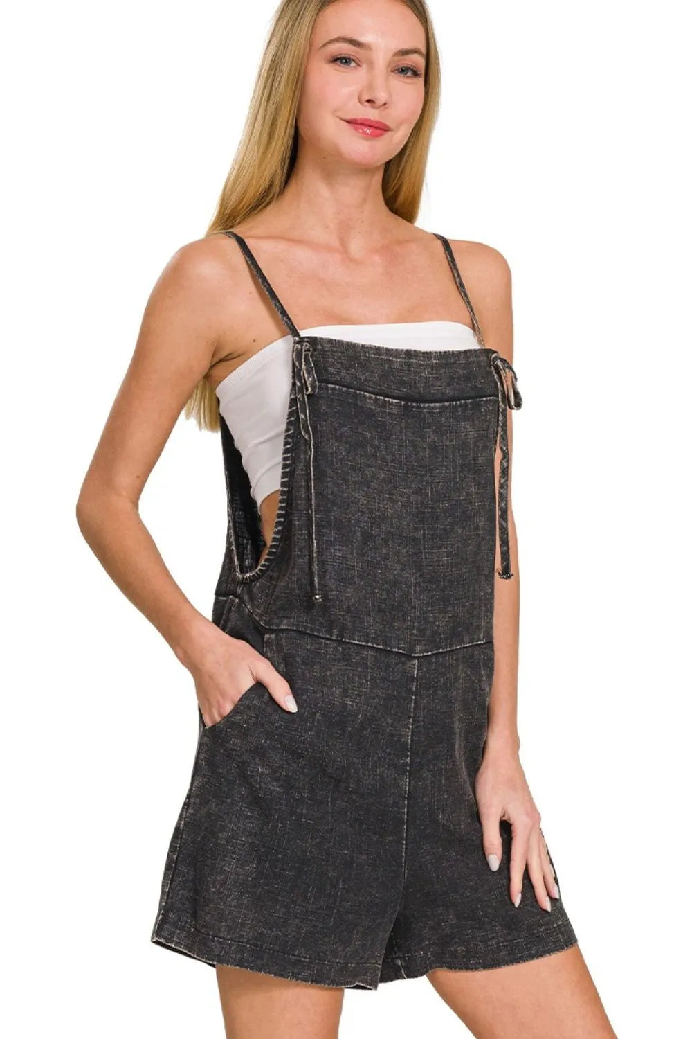 Ash Black Zenana Washed Linen Knot Strap Rompers 1