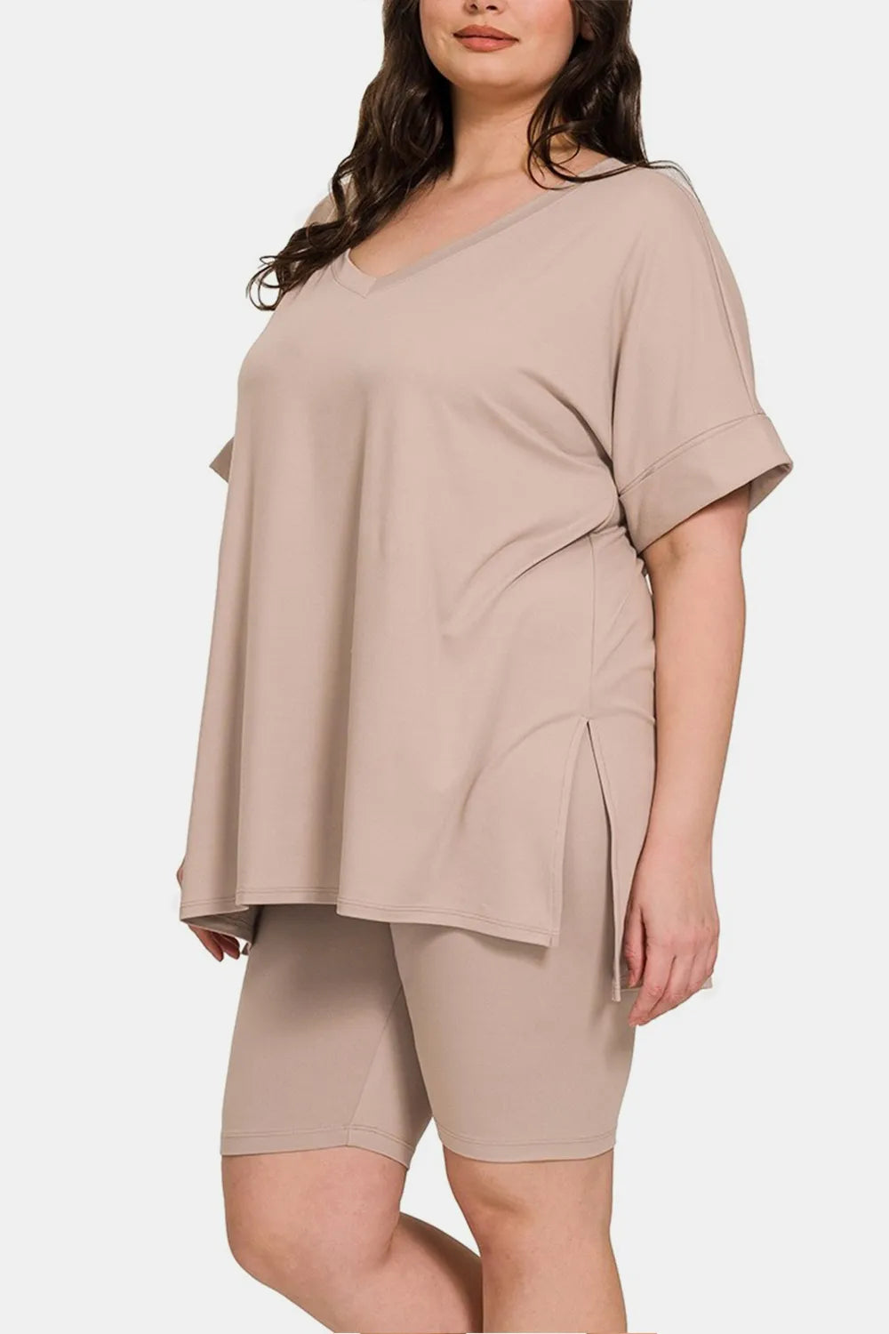 Ash Mocha Zenana Full Size V Neck Short Sleeve Slit T Shirt And Shorts Set 2