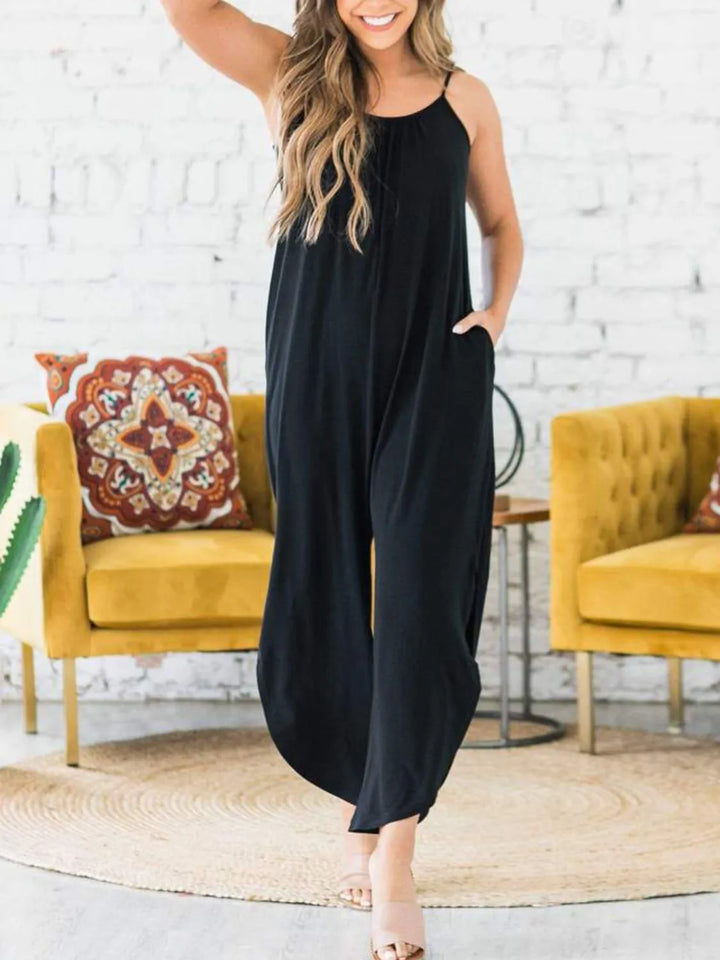 Dark Blue Slit Spaghetti Strap Jumpsuit With Pockets