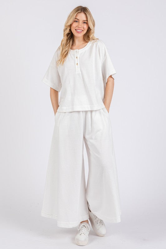 White Ces Femme Half Button Half Sleeve Top And Pants Set