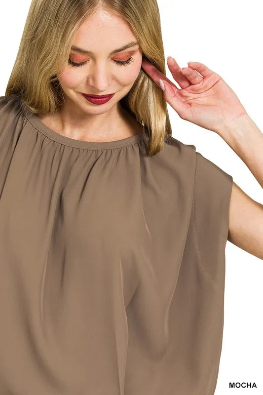 Mocha Zenana Woven Drawstring Tie Side Sleeveless Top 1