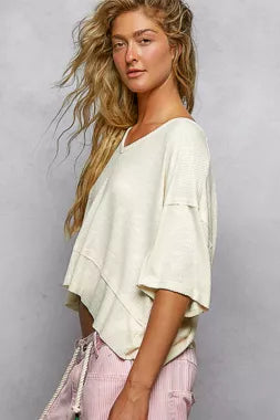 Pol Short Sleeve Ccopped Rib T Shirt With Contrast Stitch Detail