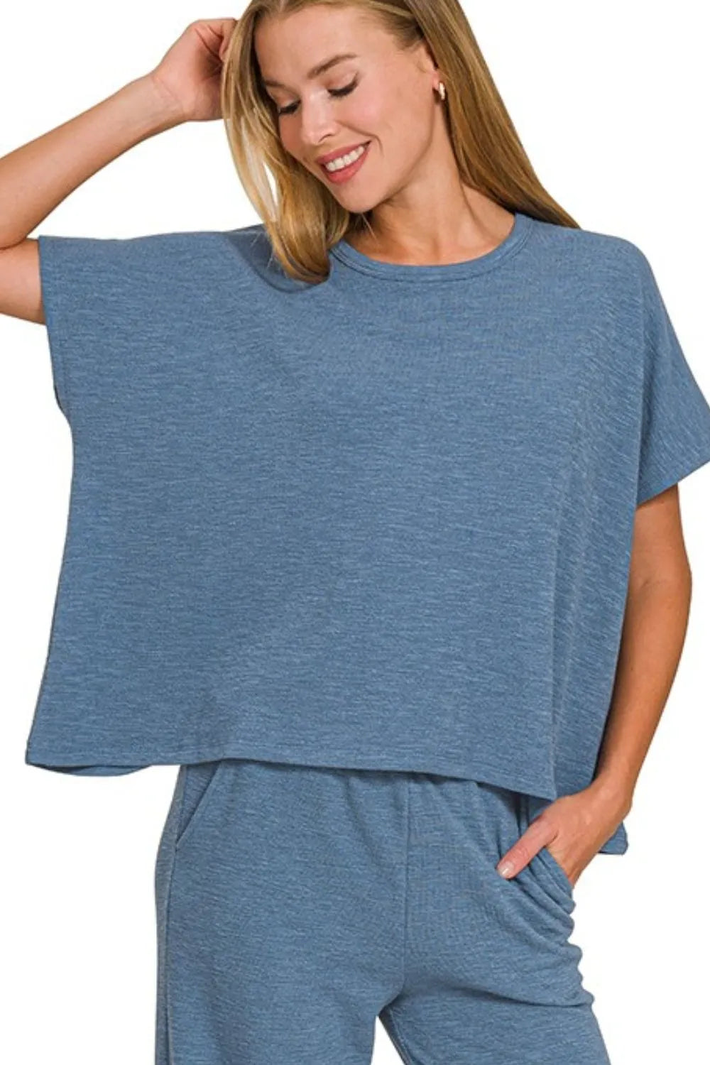 Dusty Blue Zenana Cotton Slub Top Pants Set 2