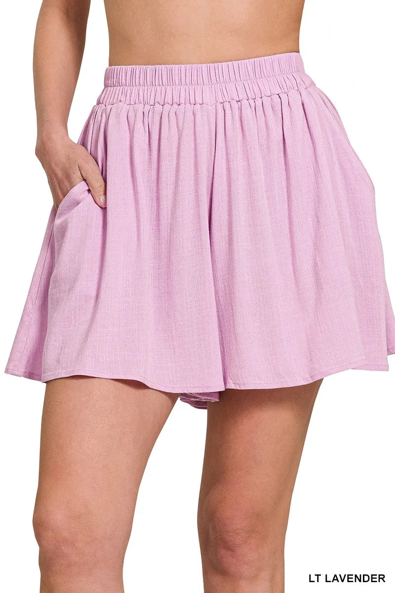 Lt Lavender Zenana Woven Elastic Band Shorts With Pocket