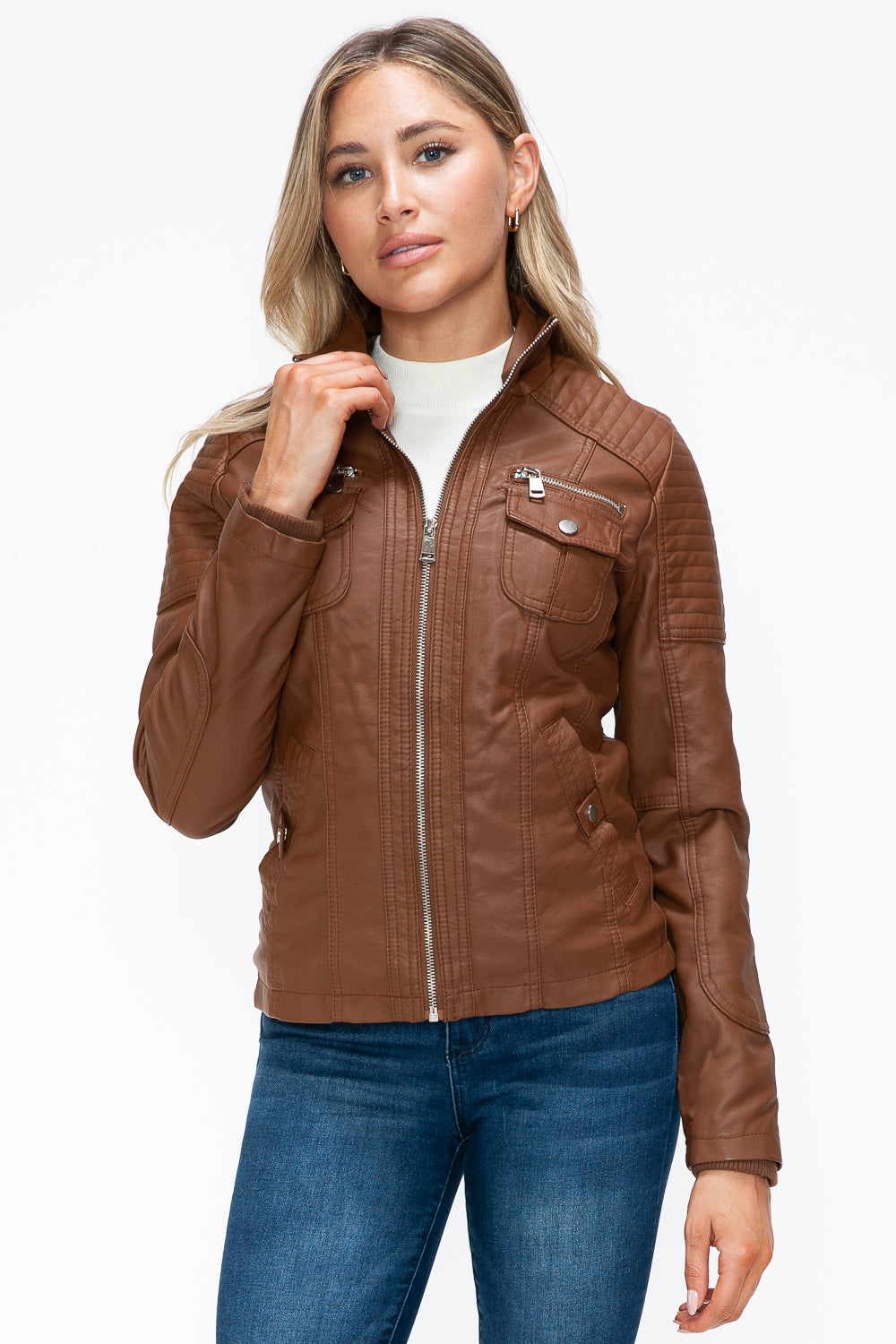 Ymi Removable Faux Layered Multi Pocket Jacket With Fuzzy Hood 2