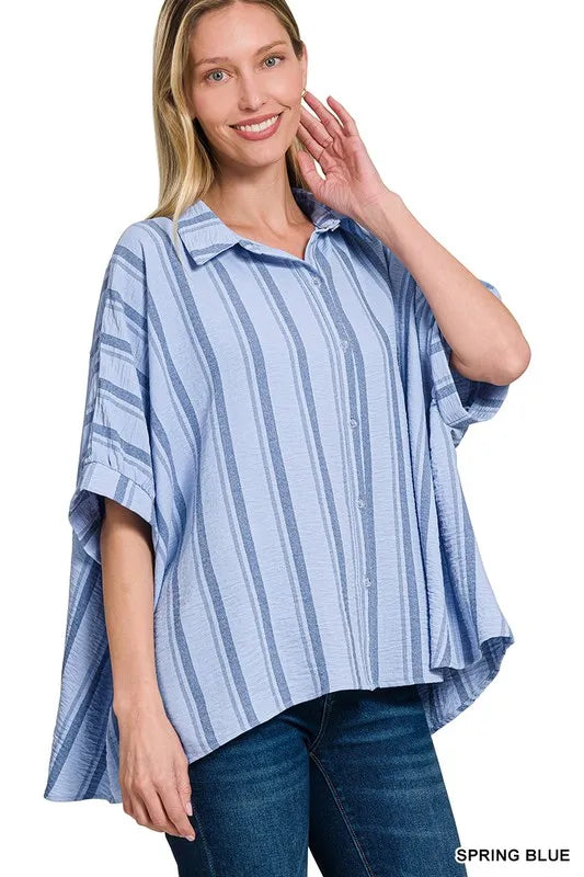 Spring Blue Zenana Woven Yarn Dye Stripe Oversized Button Down Shirt 2