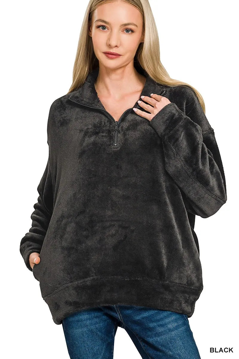 Black Zenana Faux Fur Half Zip Pocket Pullover