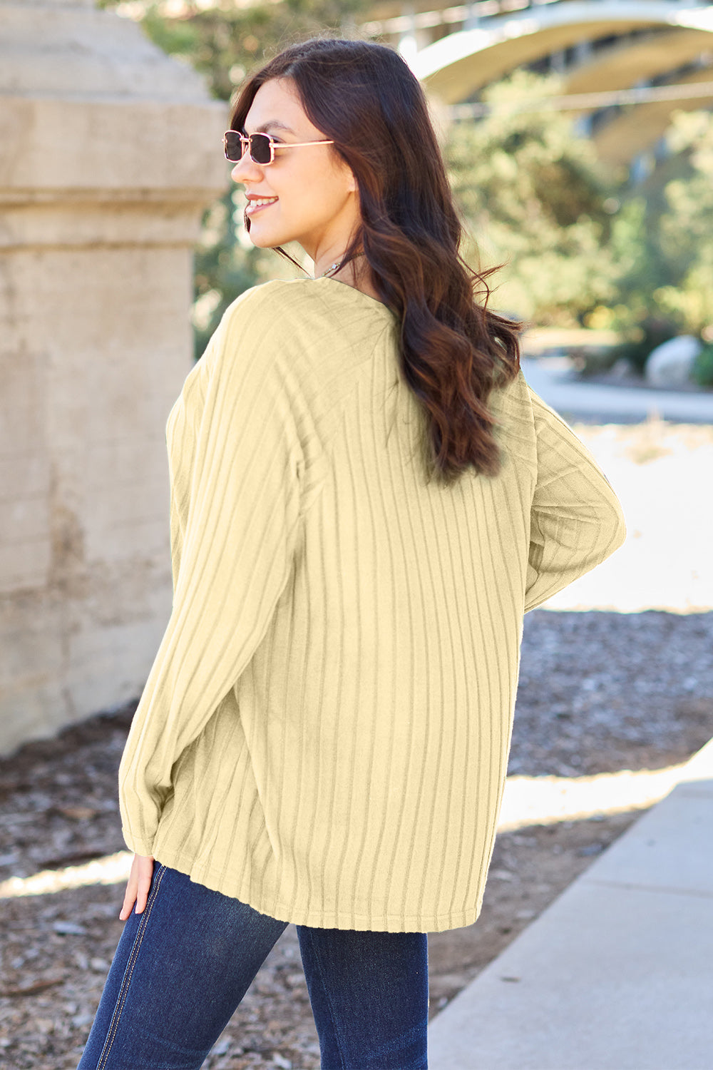 Dark Blue Basic Bae Full Size Ribbed Round Neck Long Sleeve Knit Top 1