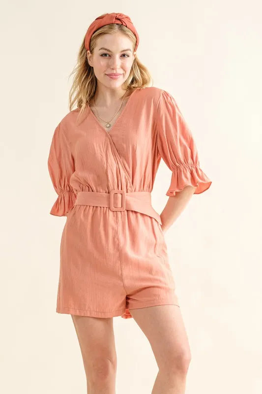 Dusty Clay And The Why Flounce Sleeves Romper With Belt