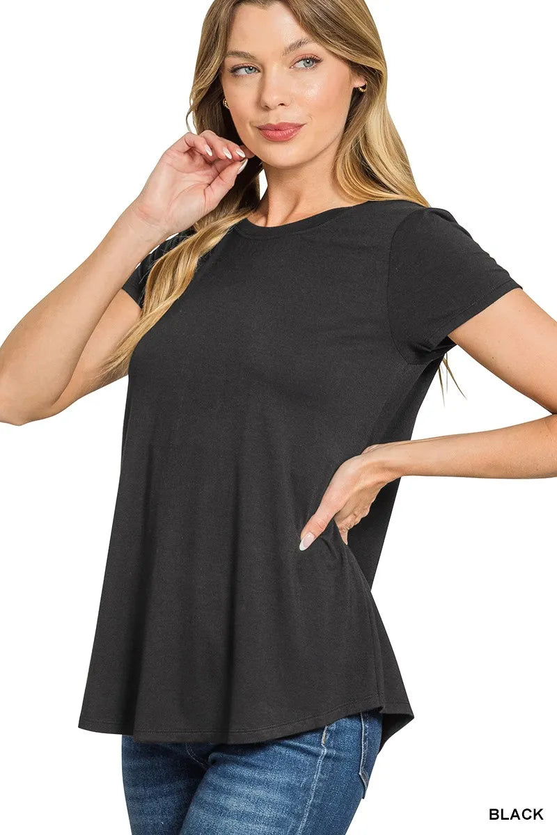 Black Zenana Flowy Round Hem Rayon Short Sleeve T Shirt