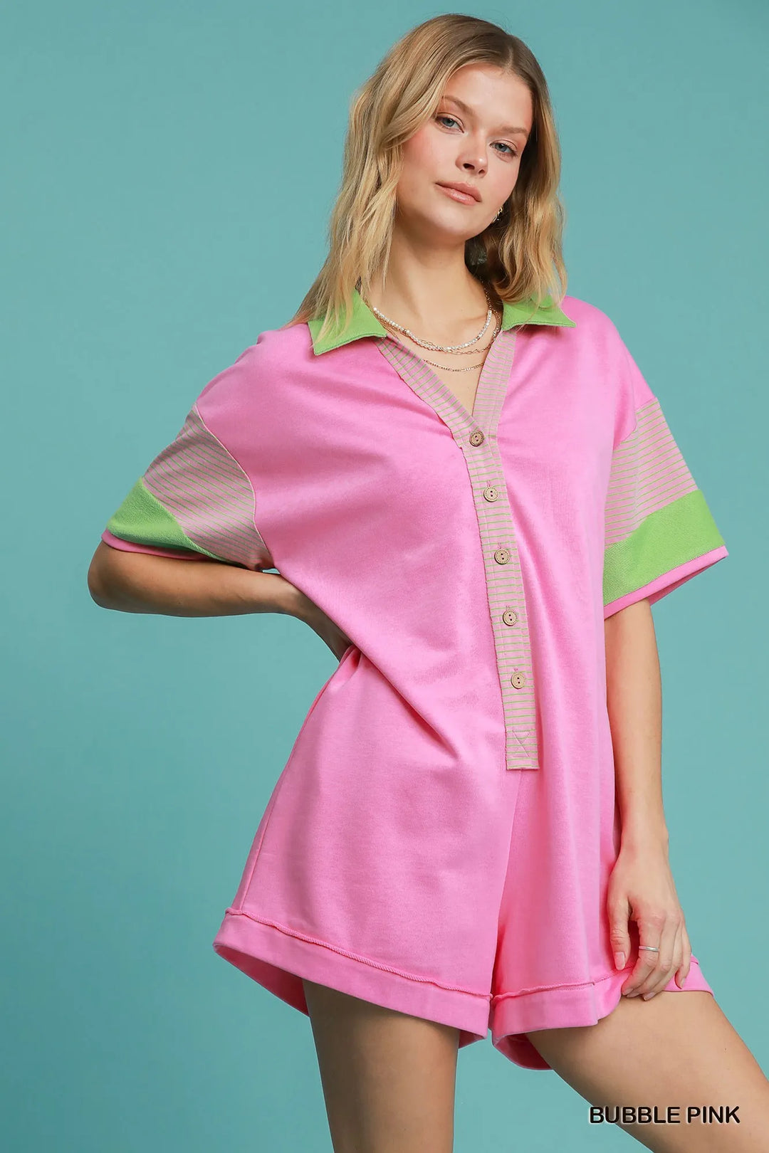 Bubble Pink Umgee Contrast Trim Button Front Romper