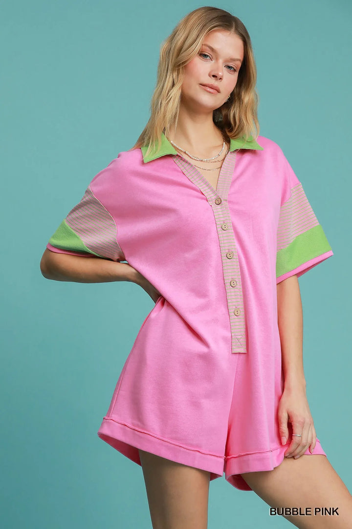 Bubble Pink Umgee Contrast Trim Button Front Romper