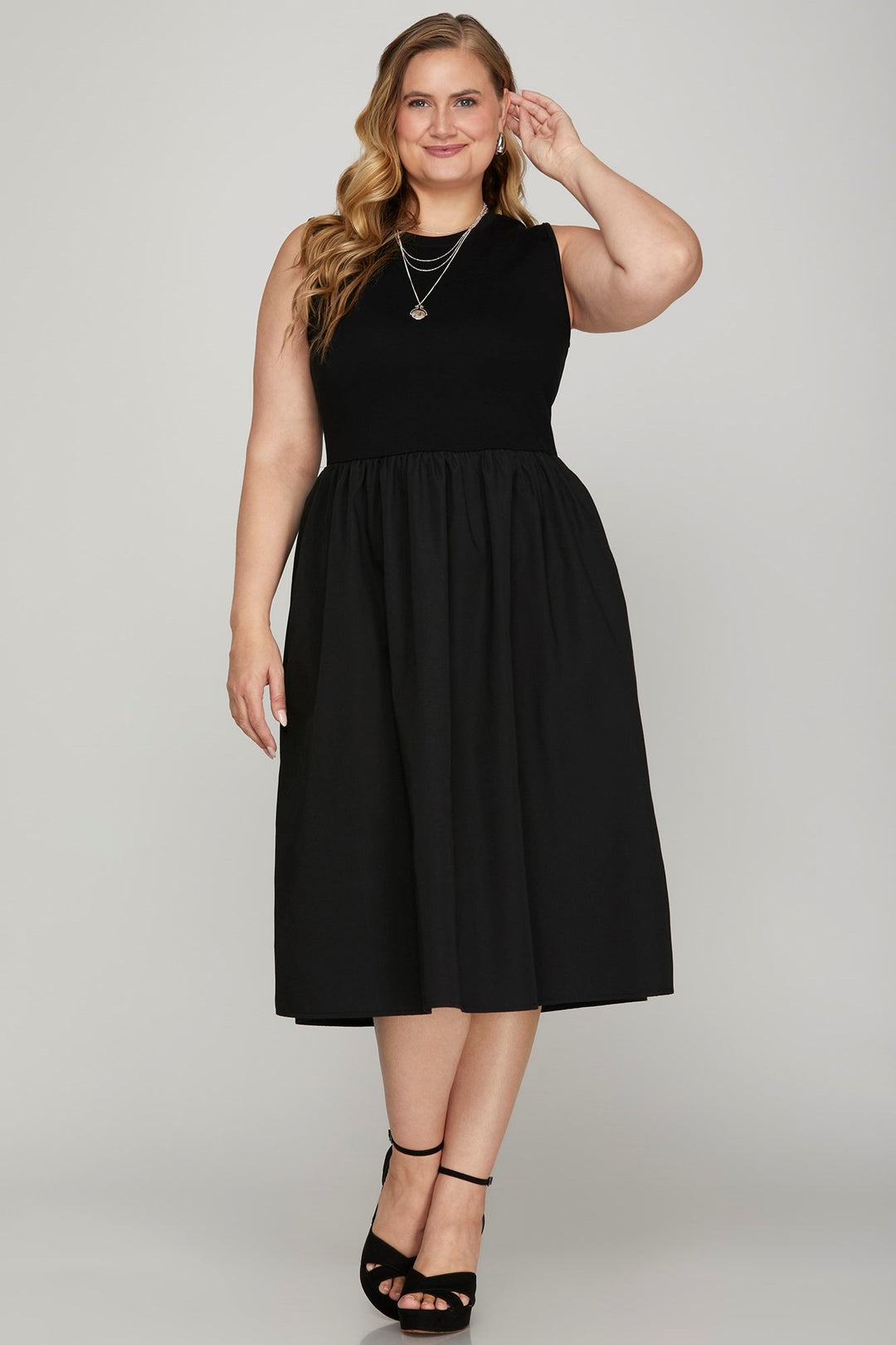 Black She Sky Full Size Sleeveless Poplin Woven Midi Dress With Pockets Plus Size 1
