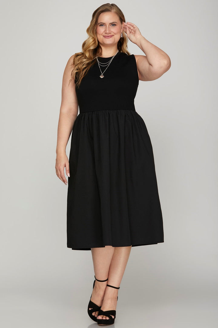 Black She Sky Full Size Sleeveless Poplin Woven Midi Dress With Pockets Plus Size 1