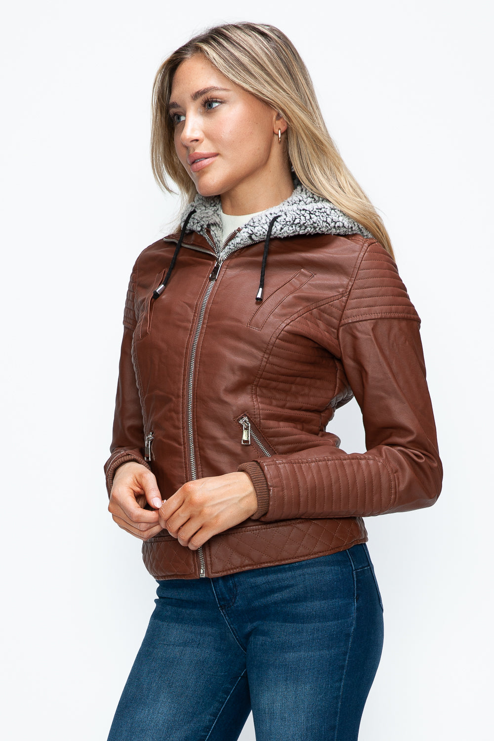 Ymi Faux Layered Double Zipper Jacket With Fuzzy Hood 5