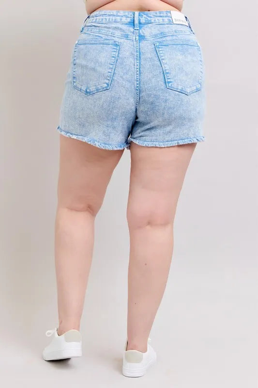 Cyan Judy Blue Plus Size Mid Rise Garment Dyed Denim Shorts
