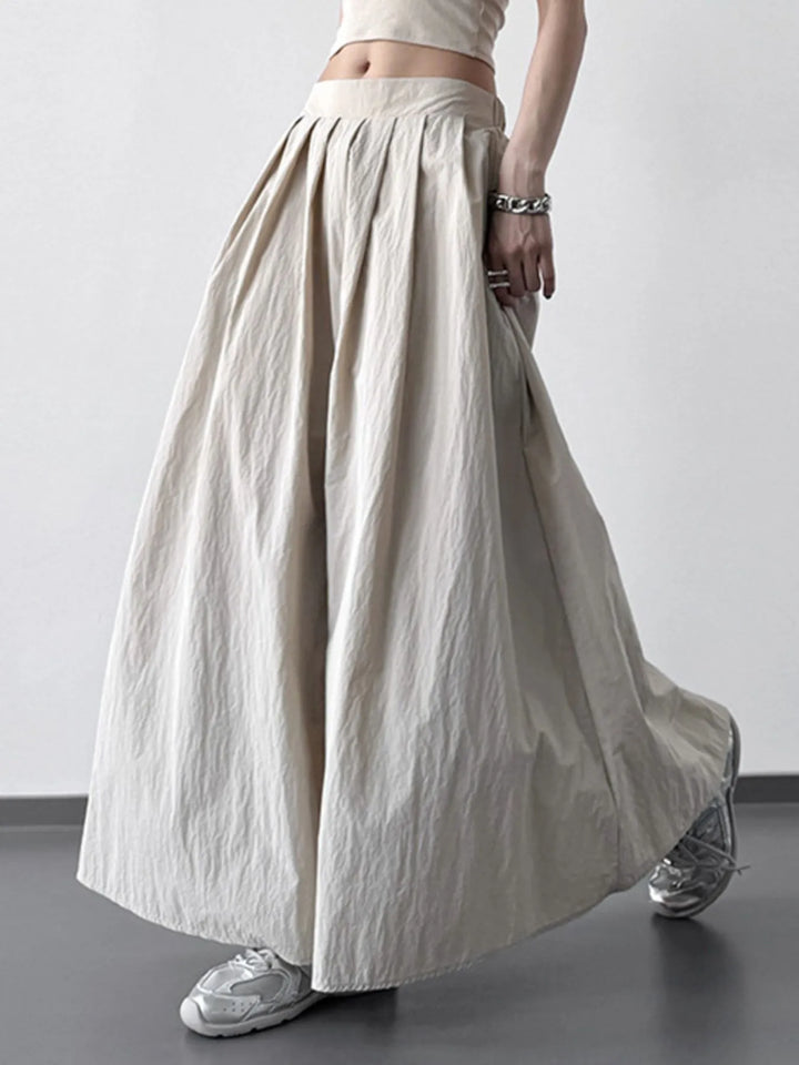Light Khaki Pleated Linen Maxi Skirt