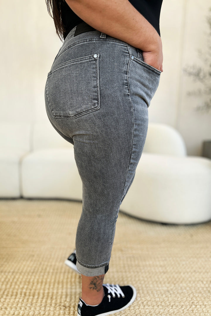GRAY Judy Blue Full Size Button Fly High Waist Cuffed Capris