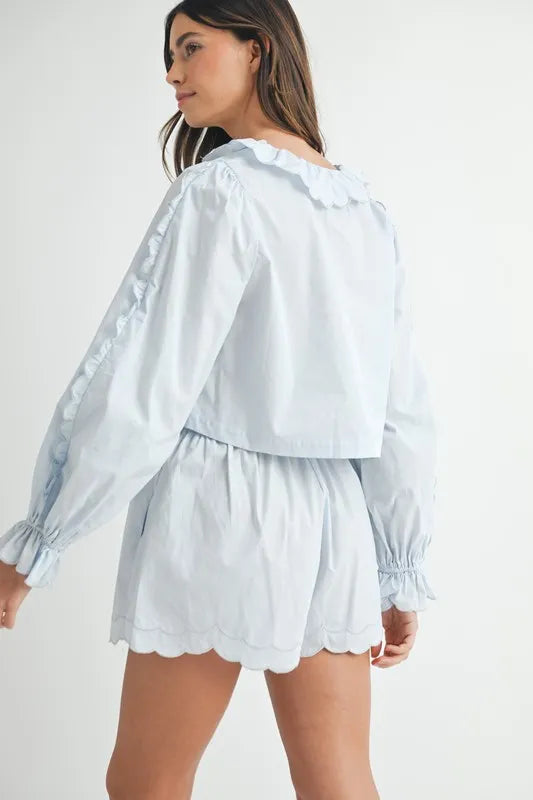 Mable Long Sleeve Scallop Blouse And Shorts Set