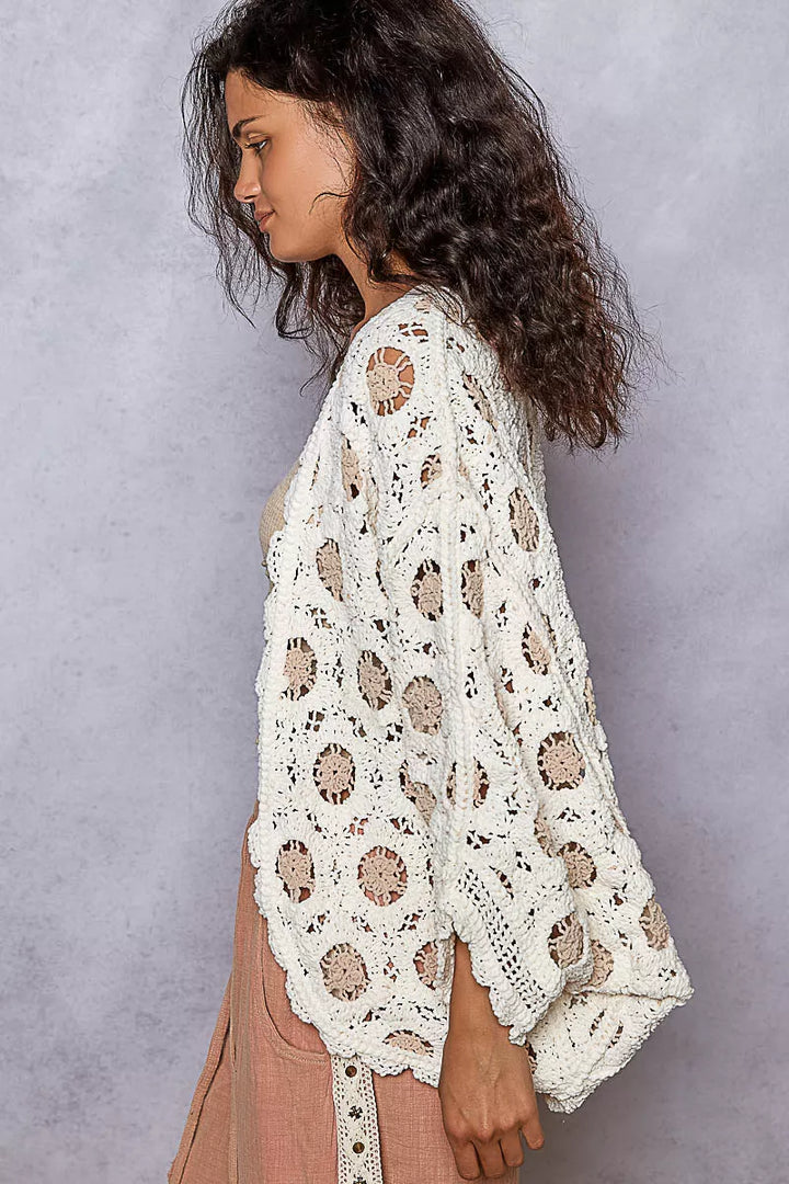 Pol Openwork V Neck Chenille Cardigan With Contrast Floral