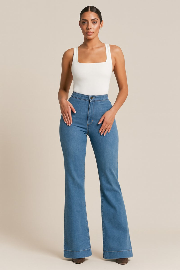 Blue- Inseam 32 Premium Wide Leg Flare Jean Medium Wash