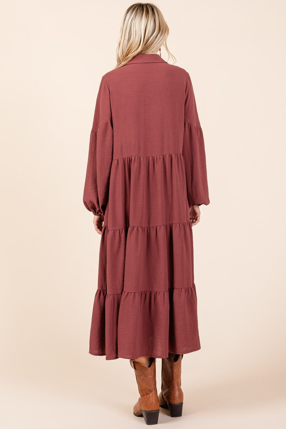 Sienna Mittoshop Tiered Button Down Long Sleeve Midi Dress