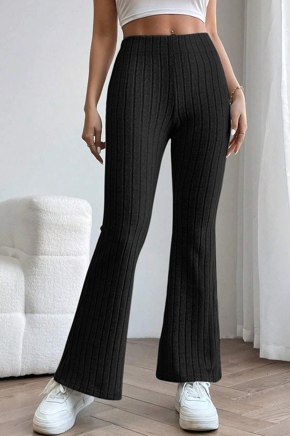 Black Basic Bae Full Size Ribbed High Waist Flare Pants
