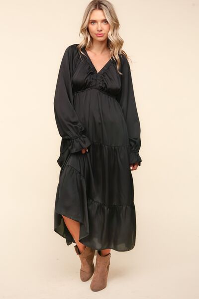 Black Haptics Flounce Sleeve Tiered Midi Dress With Pockets